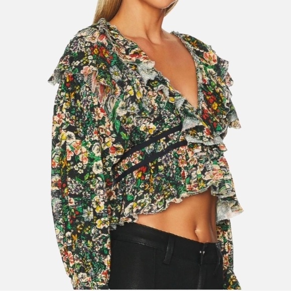 Free People Rudi Ruffle Blouse Top in Night Garden Large Floral Multicolour Crop - Picture 2 of 14